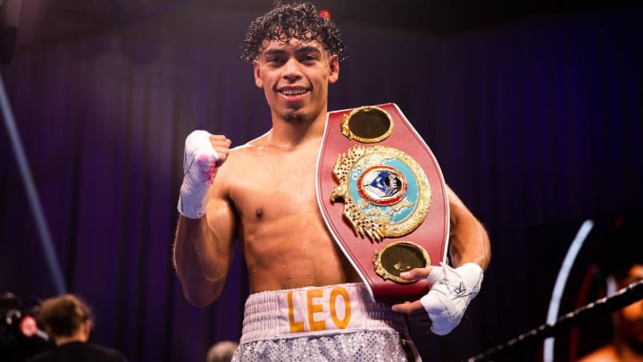 Angelo Leo celebrating his IBF featherweight victory over Luis Alberto Lopez in Albuquerque, New Mexico