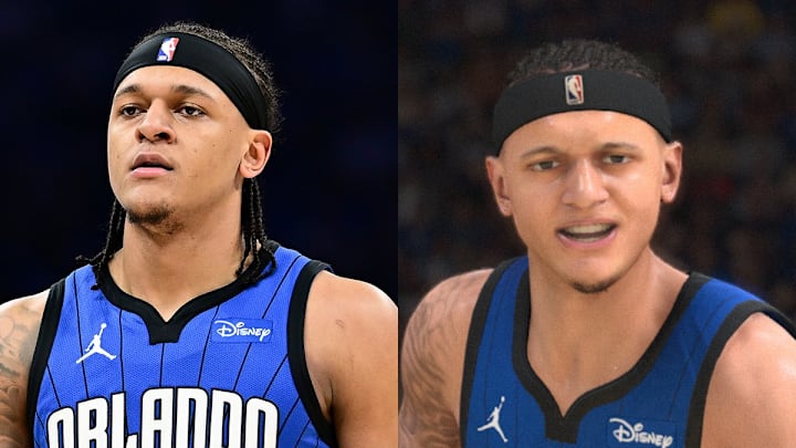 Orlando Magic forward Paolo Banchero's side-by-side screencap from NBA 2K25 compared to his real-life photo.