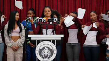All American: Homecoming -- “Stand Up For Something” -- Image Number: AHC214a_0159r -- Pictured (L _ R): Camille Hyde as Thea Mays, Coco Gauff and Geffri Maya as Simone Hicks -- Photo: Troy Harvey/The CW -- © 2023 The CW Network, LLC. All Rights Reserved.