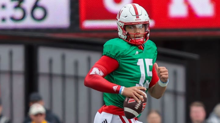 Dylan Raiola rolls out during the 2024 Nebraska football spring game.