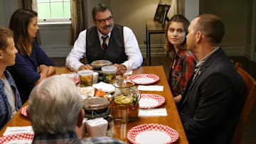 "Cutting Losses" -- Danny contemplates retiring until Erin enlists him to help her with a case involving her ex-husband, Jack (Peter Hermann). Also, Jamie and Eddie go undercover as a couple, and Frank butts heads with the new mayor of New York City, Margaret Dutton (Lorraine Bracco), on the eighth season premiere of BLUE BLOODS, Friday, Sept. 29 (10:00-11:00 PM, ET/PT) on the CBS Television Network. Pictured: Will Estes, Bridget Moynihan, Tom Selleck, Sami Gayle, Donnie Wahlberg, Len Cariou.
