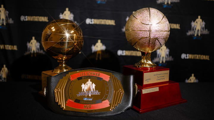 Les Schwab Invitational trophies and awards wait idly on championship Saturday of the 2023 tournament on Dec. 30 when Columbus (Florida) beat Harvard-Westlake (California) in dramatic fashion. 
