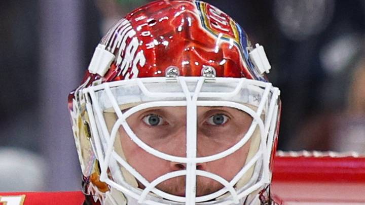 Apr 26, 2025; Sunrise, Florida, USA; Florida Panthers goaltender Sergei Bobrovsky (72) looks onagainst the Tampa Bay Lightning in the second period during game three of the first round of the 2025 Stanley Cup Playoffs at Amerant Bank Arena. Mandatory Credit: Nathan Ray Seebeck-Imagn Images