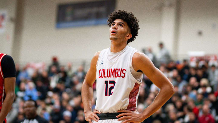 Columbus (Florida) forward Cameron Boozer looks on during the 2023 Les Schwab Invitational in Oregon. Boozer is one of, if not the nation's top prospect in 2025.