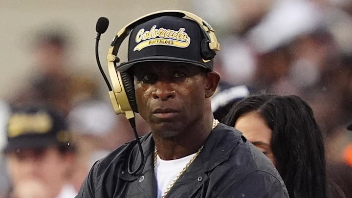 Aug 29, 2025; Boulder, Colorado, USA; Colorado Buffaloes head coach Deion Sanders on the sidelines in the second quarter against the Georgia Tech Yellow Jackets at Folsom Field.