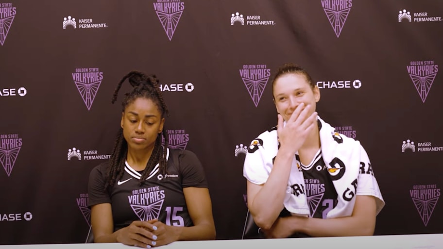 Tiffany Hayes and Cecilia Zandalasini couldn't hold in their laughs. | Screenshot via @ValkyriesWNBA on YT.