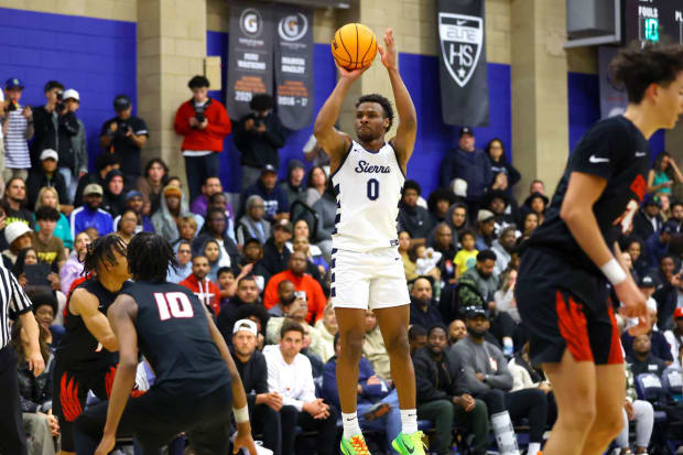 Bronny James takes a jumper against Etiwanda in a 2023 CIF Southern Section Division 1 quarterfinal playoff game at Sierra Canyon High School.