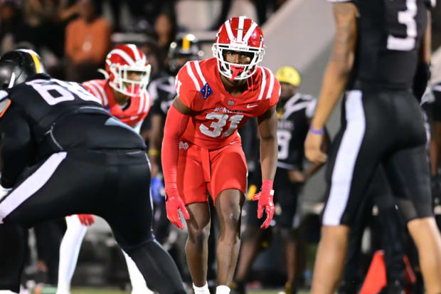 Mater Dei pass rusher Nasir Wyatt eyes the St. Frances quarterback during the 2023 high school football season.