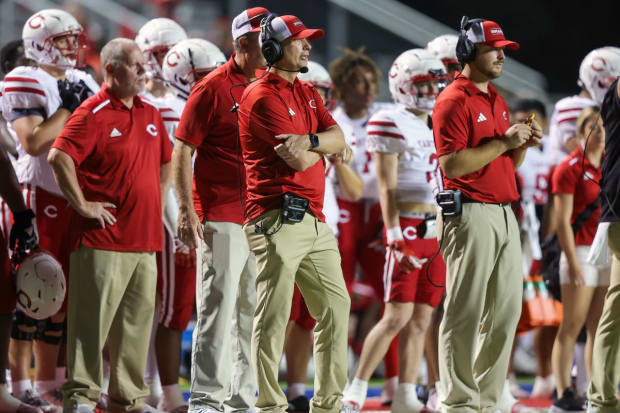 Carthage and head coach Scott Surratt (center) face Bullard in a Sept. 2023 Texas high school football showdown.