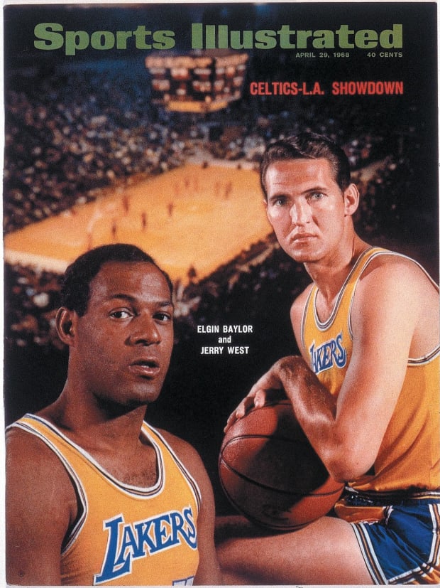 A Sports Illustrated cover previewing the 1968 NBA Finals between the Lakers and Celtics featuring Jerry West and Elgin Baylo