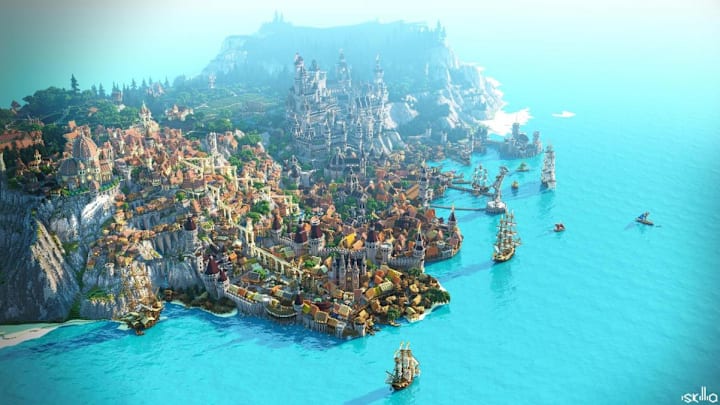 A medieval Minecraft city on the coast.