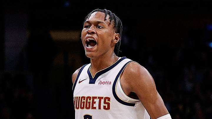 Feb 4, 2024; Denver, Colorado, USA; Denver Nuggets forward Peyton Watson (8) reacts after a play in the fourth quarter against the Portland Trail Blazers at Ball Arena. Mandatory Credit: Isaiah J. Downing-USA TODAY Sports