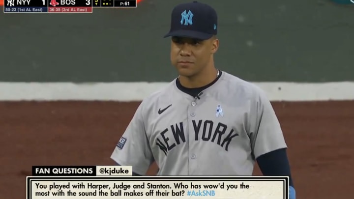 New York Yankees outfielder Juan Soto during an in-game interview with ESPN on "Sunday Night Baseball" New York Yankees outfielder Juan Soto during an in-game interview with ESPN on "Sunday Night Baseball"