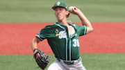 Tulane pitcher Luc Fladda on the mound for an eight-inning outing against Nicholls at the 2024 Corvallis Regional.