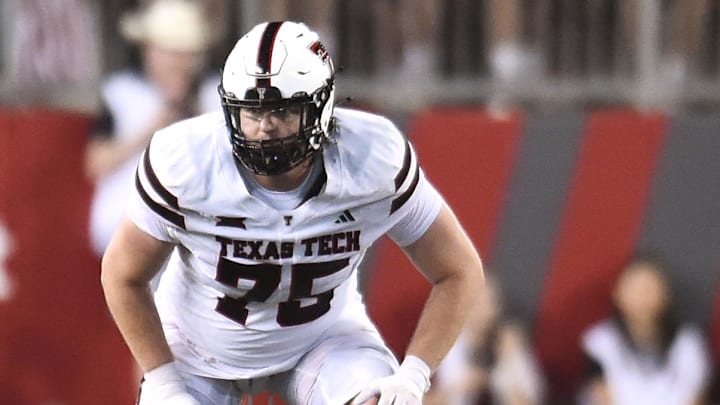 Sep 7, 2024; Pullman, Washington, USA; Texas Tech Red Raiders offensive lineman Ty Buchanan (75) comes set for a play against the Washington State Cougars in the second half at Gesa Field at Martin Stadium. Washington State Cougars won 37-16. Mandatory Credit: James Snook-Imagn Images