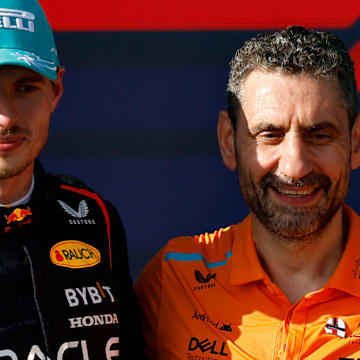 Race winner Lando Norris of Great Britain and McLaren, Second placed Max Verstappen of the Netherlands and Oracle Red Bull Racing, Third placed Charles Leclerc of Monaco and Ferrari and McLaren Team Principal Andrea Stella celebrate on the podium during the F1 Grand Prix of Miami at Miami International Autodrome on May 05, 2024 in Miami, Florida (Photo by Chris Graythen/Getty Images)