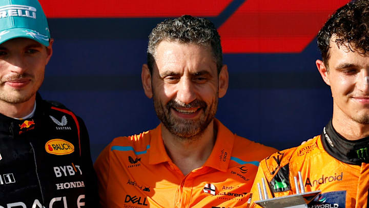 Race winner Lando Norris of Great Britain and McLaren, Second placed Max Verstappen of the Netherlands and Oracle Red Bull Racing, Third placed Charles Leclerc of Monaco and Ferrari and McLaren Team Principal Andrea Stella celebrate on the podium during the F1 Grand Prix of Miami at Miami International Autodrome on May 05, 2024 in Miami, Florida (Photo by Chris Graythen/Getty Images)