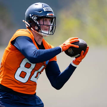 Denver Broncos rookie tight end Caleb Lohner catches a pass at rookie minicamp on Friday, May 9, at Broncos Park, Powered by CommonSpirit.