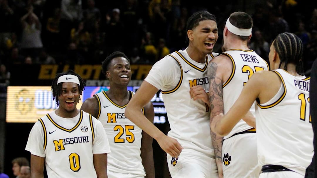 Jan 3, 2026; Columbia, Missouri, USA; Missouri Tigers center Trent Burns (7) celebrates his last-second shot at the end of the first half at Mizzou Arena.