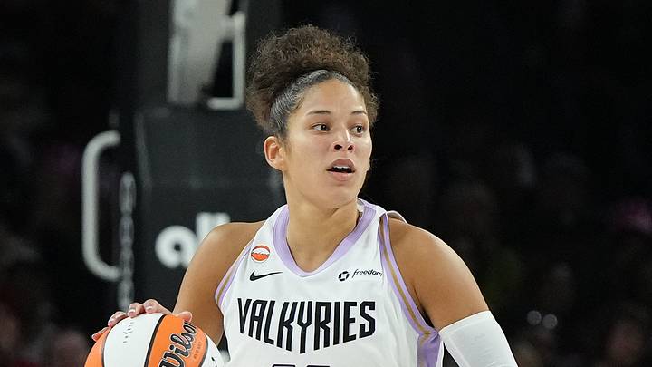 Oct 9, 2026; Las Vegas, Nevada, USA;  Golden State Valkyries guard Veronica Burton (22) brings the ball up the court against the Las Vegas Aces in the second half during game three of the second round for the 2026 WNBA Playoffs at Michelob Ultra Arena.  Mandatory Credit: Candice Ward-Imagn Images