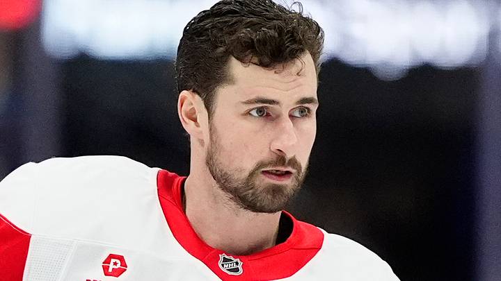 Mar 25, 2025; Denver, Colorado, USA; Detroit Red Wings center Dylan Larkin (71) before the game against the Colorado Avalanche at Ball Arena. Mandatory Credit: Ron Chenoy-Imagn Images
