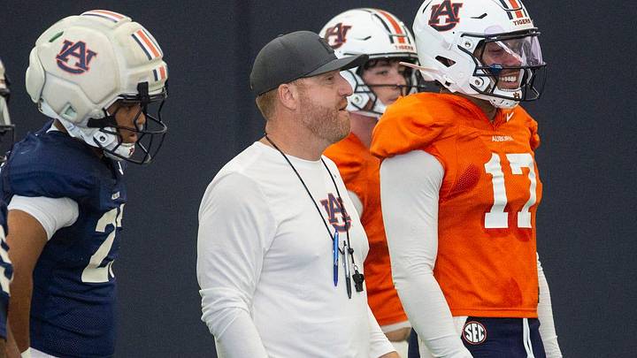 Auburn Tigers head coach Alex Golesh watches on during practice at Woltosz Football Performance Center in Auburn, Ala. on Thursday, April 16, 2026.