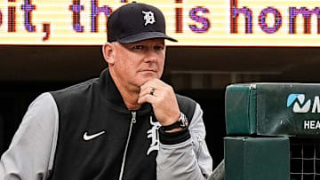 Detroit Tigers manager A.J. Hinch (14) watches a play against Kansas City Royals during the third inning at Comerica Park in Detroit on Thursday, April 17, 2025.