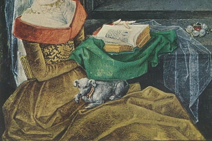 A medieval painting of a dog in a woman's lap.