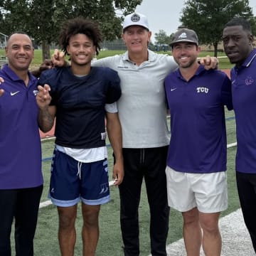 Ty Hawkins is visited by TCU football staff at a San Antonio Johnson High School (Texas) practice. The 4-star quarterback is committed to TCU.