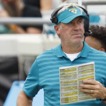 Sep 15, 2024; Jacksonville, Florida, USA; Jacksonville Jaguars head coach Doug Pederson during the second quarter against the Cleveland Browns at EverBank Stadium. Mandatory Credit: Morgan Tencza-Imagn Images