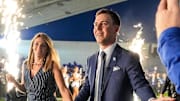New Kentucky Wildcat head coach Will Stein arrives with wife, Darby has he is introduced at Kentucky on Wednesday, December 3, 2025