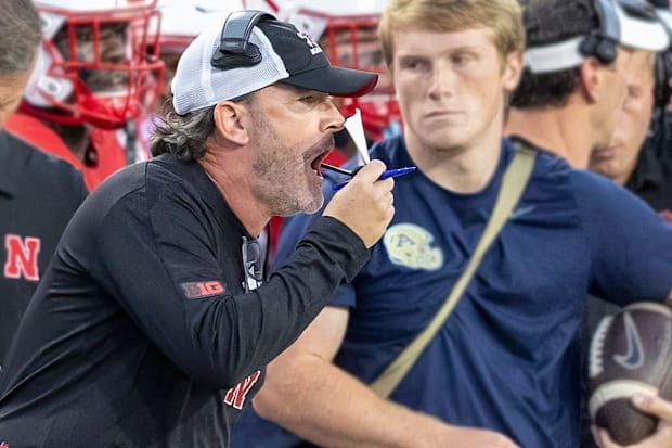 Nebraska defensive coordinator John Butler shouts from the sideline during the Huskers' 2025 game against Akron