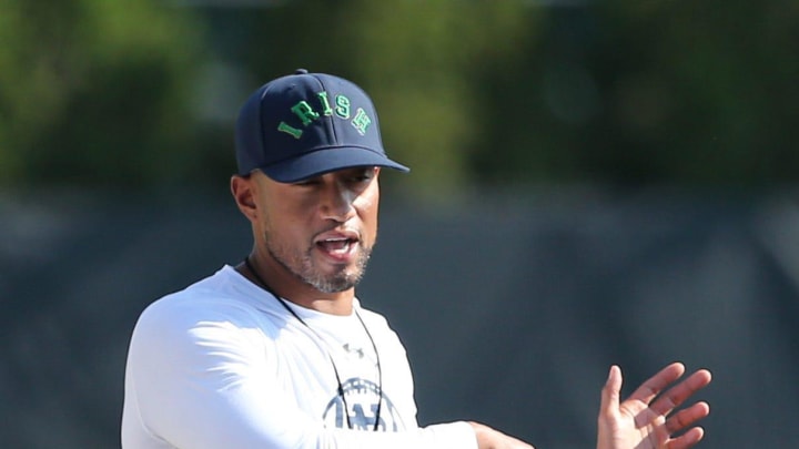 Notre Dame football coach Marcus Freeman during Notre Dame football fall camp at the LaBar Practice Complex in South Bend.