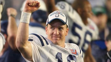 Feb 4, 2007; Miami, FL, USA;  Indianapolis Colts quarterback Peyton Manning (18) celebrates after the Indianapolis Colts defeated the Chicago Bears 29-17 in Super Bowl XLI at Dolphins Stadium.  Mandatory Credit: Matthew Emmons-Imagn Images Copyright © 2007 Matthew Emmons