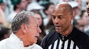 Michigan State head coach Tom Izzo reacts to a referee call during the second half against Duke at Breslin Center in East Lansing on Saturday, Dec. 6, 2025.