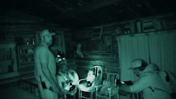 Billy Tolley, Aaron Goodwin, and Jay Wasley investigating Neal Forsling's cabin - Courtesy Discovery