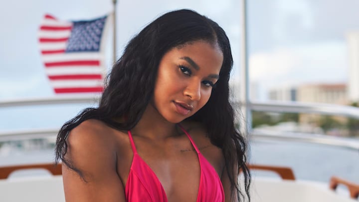 Jordan Chiles was photographed by Ben Horton at The Boca Raton. Swimsuit by FAE. Jordan Chiles was photographed by Ben Horton at The Boca Raton. Swimsuit by FAE.