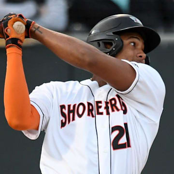 Shorebirds' Samuel Basallo (21) swings in the game against the Cannon Ballers Tuesday, April 11, 2023, at Perdue Stadium in Salisbury, Maryland. The Shorebirds defeated the Cannon Ballers 7-2