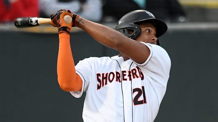 Shorebirds' Samuel Basallo (21) swings in the game against the Cannon Ballers Tuesday, April 11, 2023, at Perdue Stadium in Salisbury, Maryland. The Shorebirds defeated the Cannon Ballers 7-2