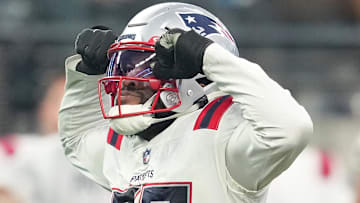Dec 18, 2022; Paradise, Nevada, USA; New England Patriots linebacker Josh Uche (55) celebrates after getting a sack against the Las Vegas Raiders during the second half at Allegiant Stadium. Mandatory Credit: Stephen R. Sylvanie-Imagn Images