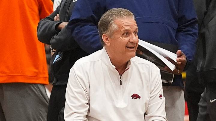 Arkansas men’s basketball head coach John Calipari watches a Nike EYBL game between Team Thad and Team Durant at the Memphis Sports & Events Center on May 15, 2026.
