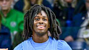 Jan 4, 2025; South Bend, Indiana, USA; North Carolina Tar Heels gaurd Ian Jackson (11) reacts after a basket in the first half against the Notre Dame Fighting Irish at the Purcell Pavilion. Mandatory Credit: Matt Cashore-Imagn Images
