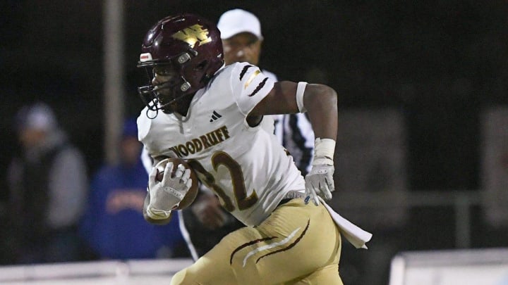 Woodruff High running back Aiden Gibson (32) breaks loose during a 2023 Class AAA playoff game. He is one of our Up and Coming South Carolina high school football players in 2024.