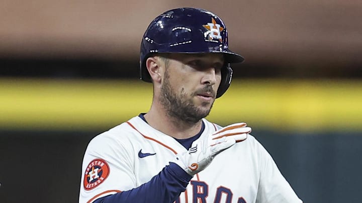 Sep 11, 2024; Houston, Texas, USA; Houston Astros third baseman Alex Bregman (2) reacts after hitting a double during the second inning against the Oakland Athletics at Minute Maid Park Sep 11, 2024; Houston, Texas, USA; Houston Astros third baseman Alex Bregman (2) reacts after hitting a double during the second inning against the Oakland Athletics at Minute Maid Park