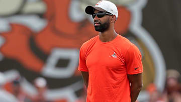 Browns GM Andrew Berry watches from the sideline during the training camp in Berea.