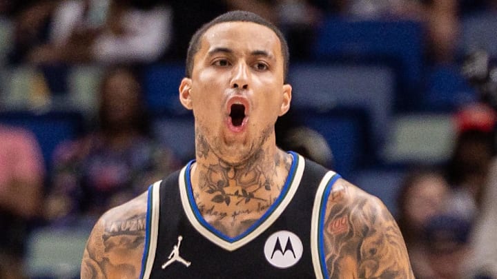 Milwaukee Bucks forward Kyle Kuzma (18) reacts to a play against the New Orleans Pelicans during the first half at Smoothie King Center on February 20, 2026.