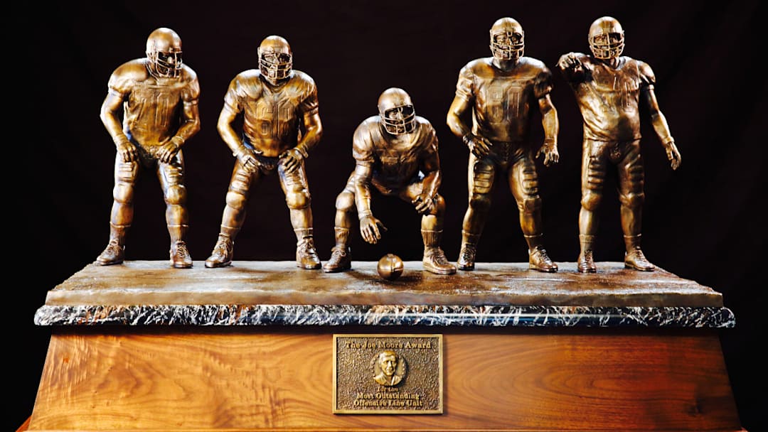 The bronze trophy for the Joe Moore Award will go to the Most Outstanding Offensive Line Unit in college football and, at more than 350 pounds, is the largest trophy in college football.