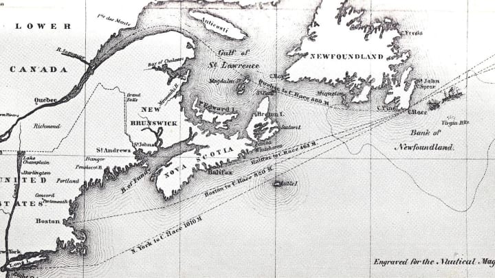 Map of North-West Atlantic showing position of collision between the ships Arctic and Vesta, 27 September 1854