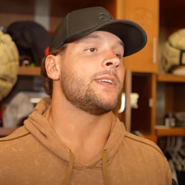 Nick Bosa talks to San Francisco media before a Week 2 game in Minnesota. 