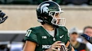 Michigan State's Alessio Milivojevic looks to throw against Penn State during the second quarter on Saturday, Nov. 15, 2025, at Spartan Stadium in East Lansing.